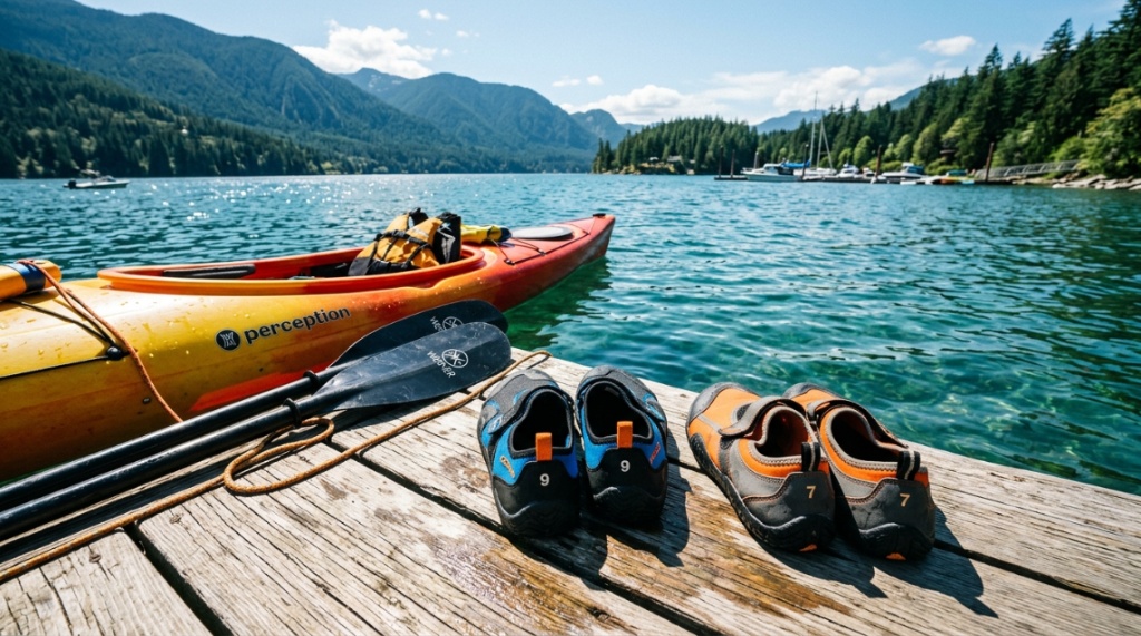 Neoprene kayaking shoes rest on a sunny dock next to a kayak.