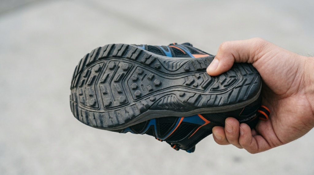 Feet wearing mesh kayaking shoes inside a boat on a Texas river.