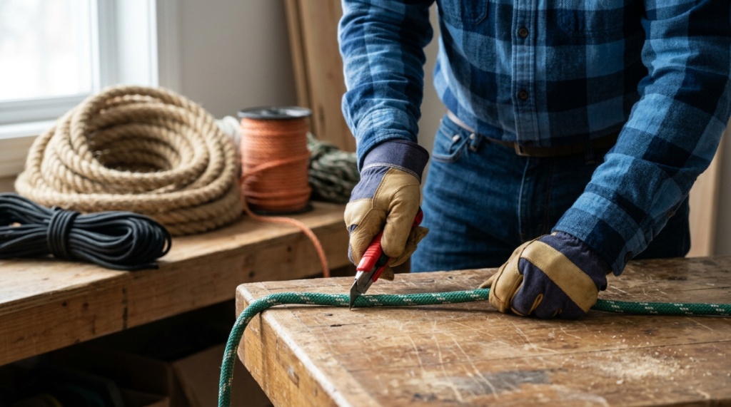 Measuring and cutting multi-purpose rope on a workbench.