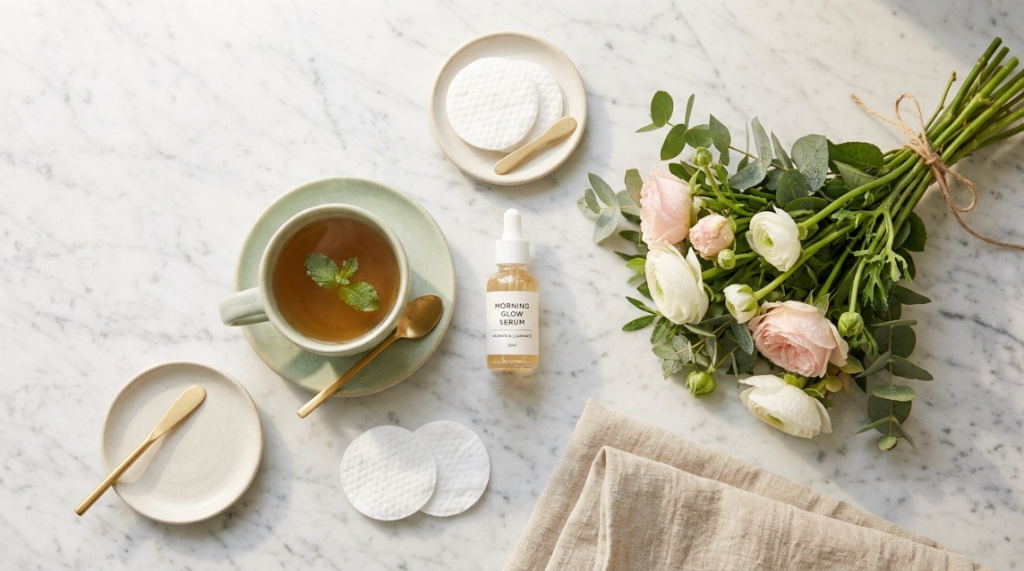 Essential skincare products for a glowing morning routine.