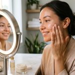 Woman applying glowing serum during morning skincare routine.