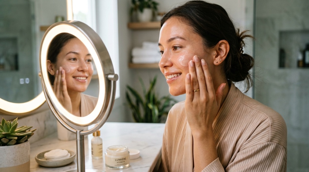 Woman applying glowing serum during morning skincare routine.