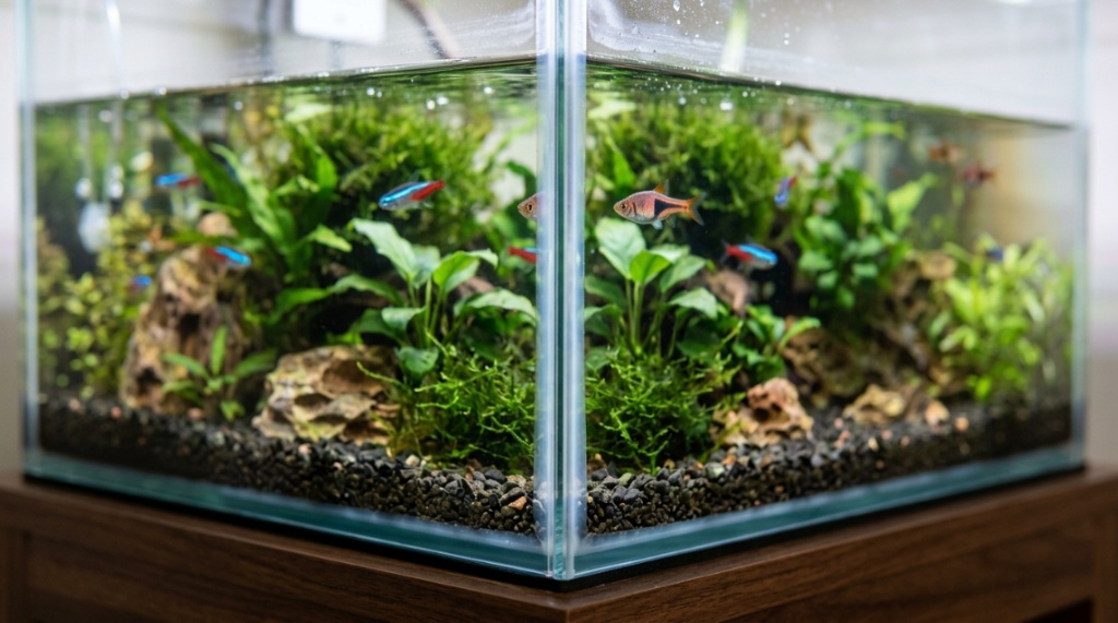 Fixed glass fish tank filled with water and free of leaks.