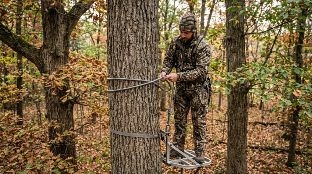 Hands inspecting a certified dynamic rope for saddle hunting.