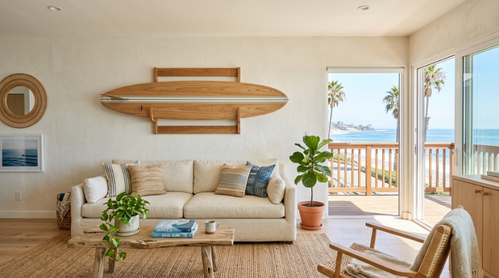 Two surfboards hanging neatly on vertical wall racks in Florida garage.