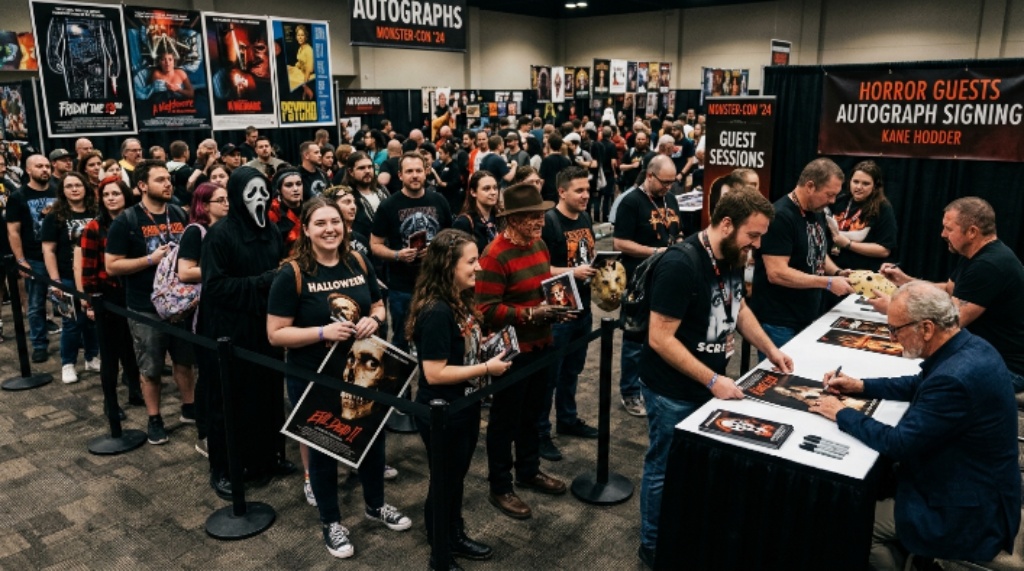 Fans lined up for autographs at a horror film convention