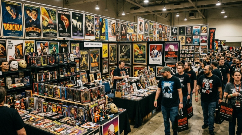 Horror convention dealer room filled with vintage movie posters and collectibles
