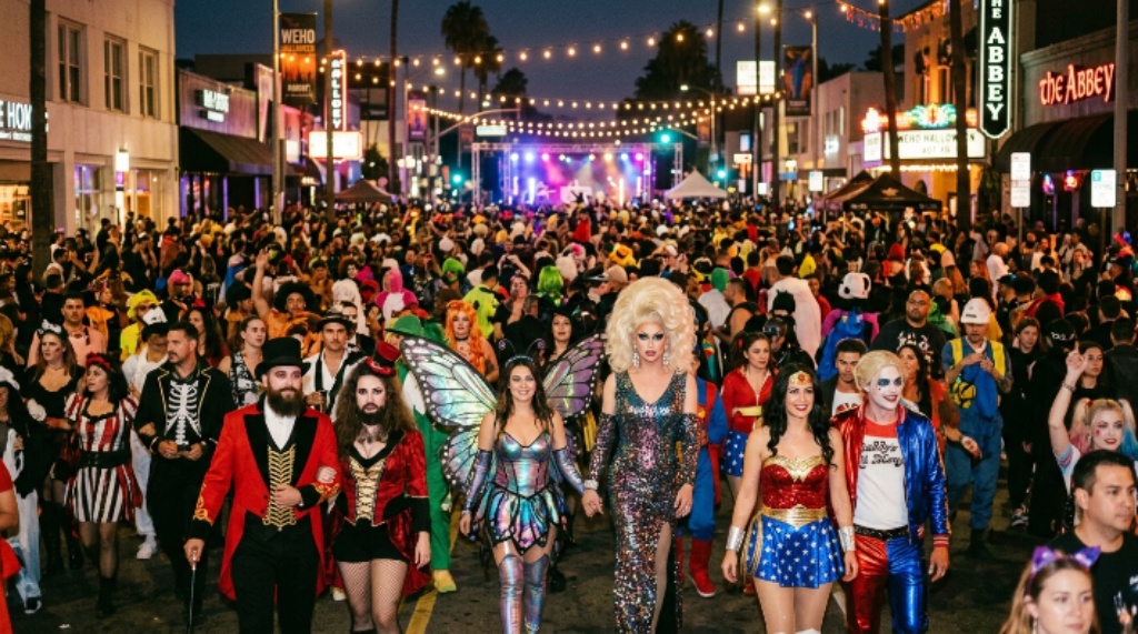 Crowd in costumes at West Hollywood Halloween Carnaval street festival