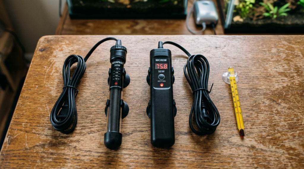 Two affordable aquarium heaters and a thermometer placed on a wooden table.