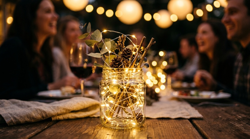 Budget-friendly LED fairy lights glowing around a party table centerpiece.