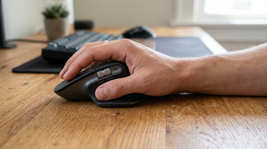 Close-up of hand resting naturally on a contoured wireless ergonomic mouse.