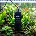 Digital aquarium heater installed inside a freshwater fish tank with swimming fish.