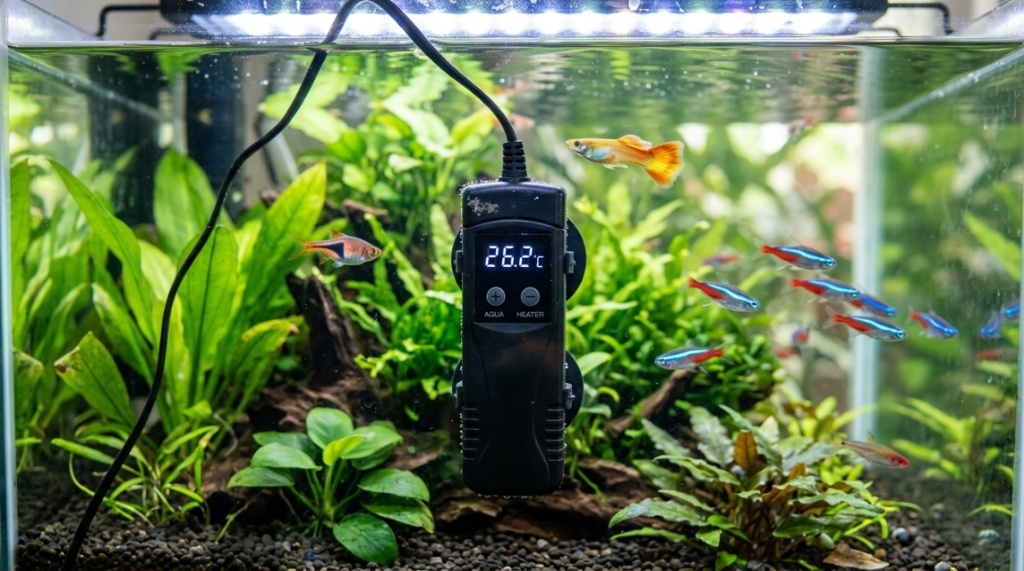 Digital aquarium heater installed inside a freshwater fish tank with swimming fish.