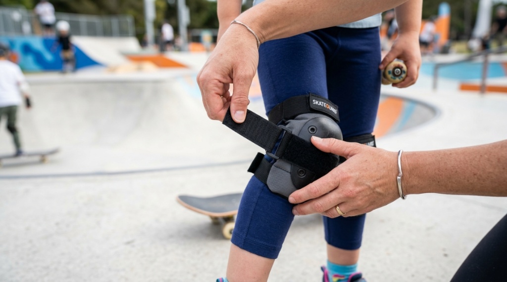 Parent checking finger space under knee pad strap.