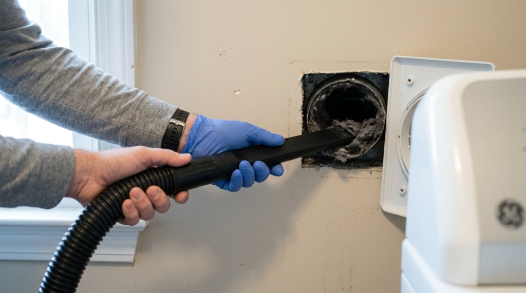 Homeowner vacuuming lint out of a dryer vent.