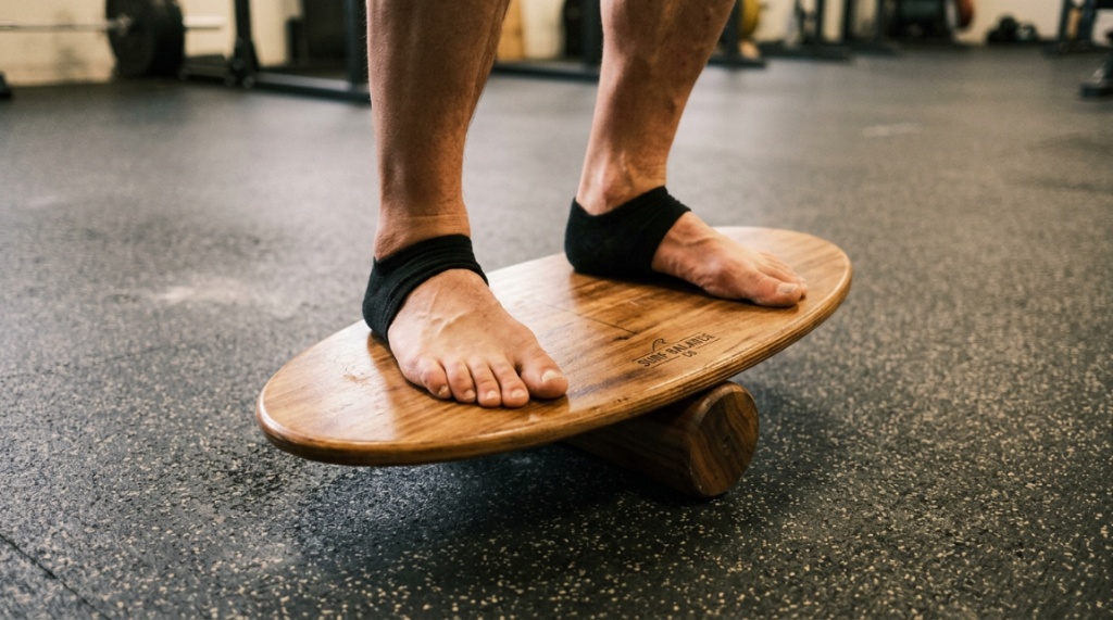 Close-up of feet balancing on a surf trainer wobble board.