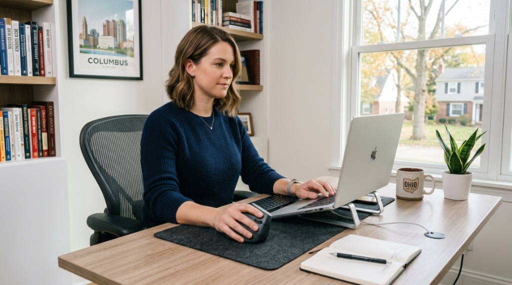Person using a vertical ergonomic mouse at a desk to ease wrist pain.