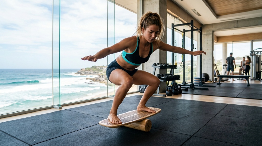 Surfer training core strength on a balance board in a modern gym.