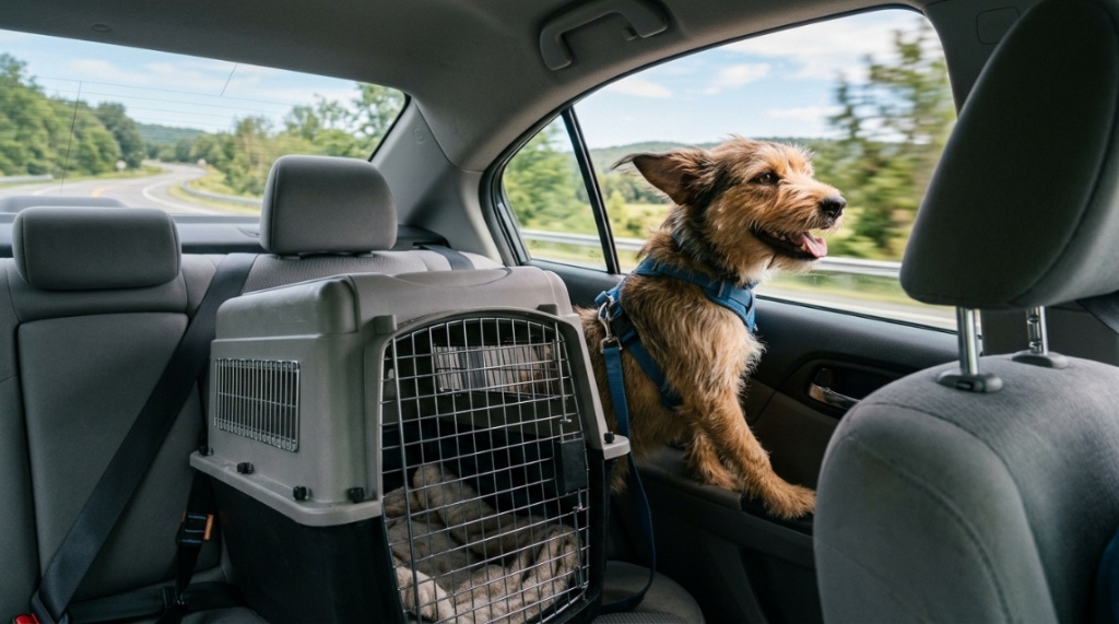 Collapsed folding dog crate and travel gear packed inside car trunk.