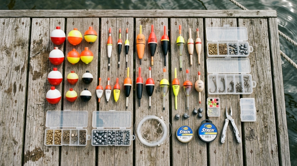 Colorful fishing float resting on a calm Georgia lake at sunrise
