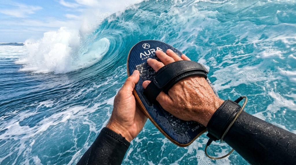 Close-up of correct hand placement on a bodysurfing handplane.