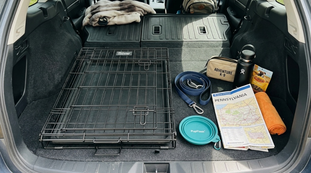 Person folding metal dog crate inside vehicle back seat.