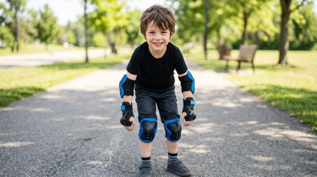 Child wearing knee and elbow pads safely outdoors.