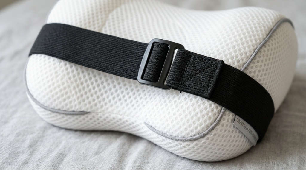 Close up of adjustable strap on knee pillow.
