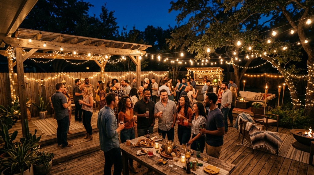 Warm string lights illuminating a cozy Texas backyard evening party.