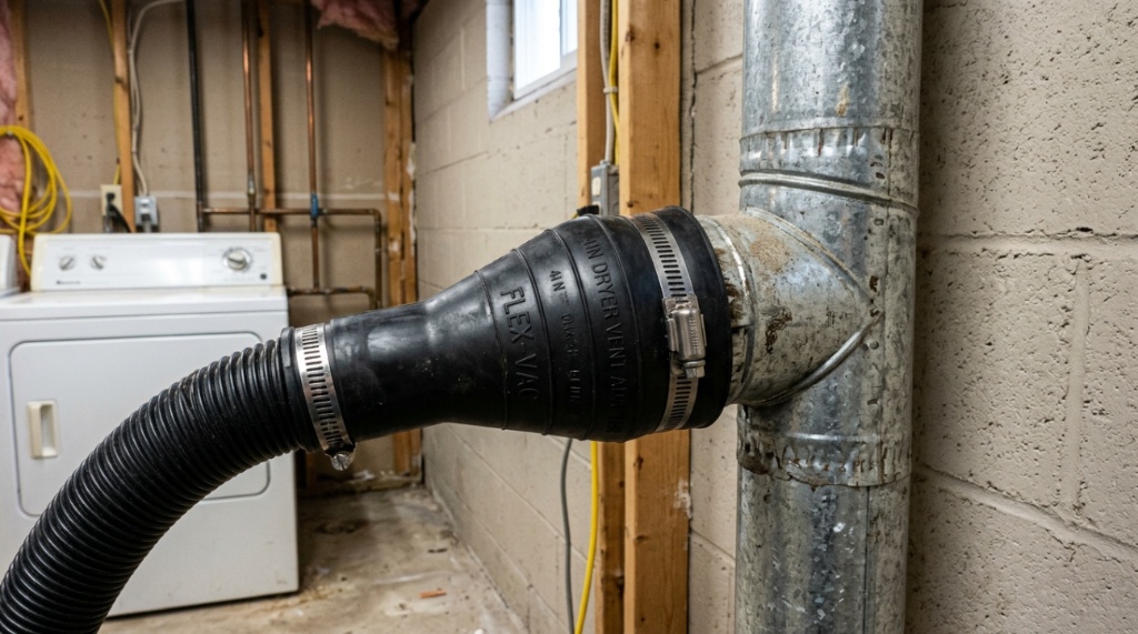 Vacuum adapter connecting to a dryer vent duct.