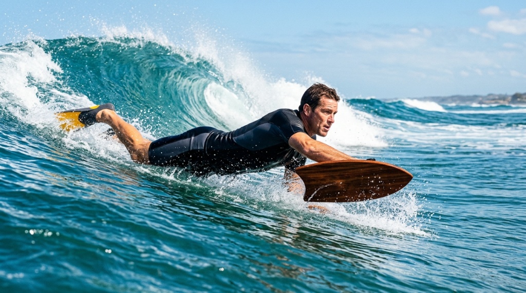 Surfer carving a blue ocean wave using a wooden handplane.