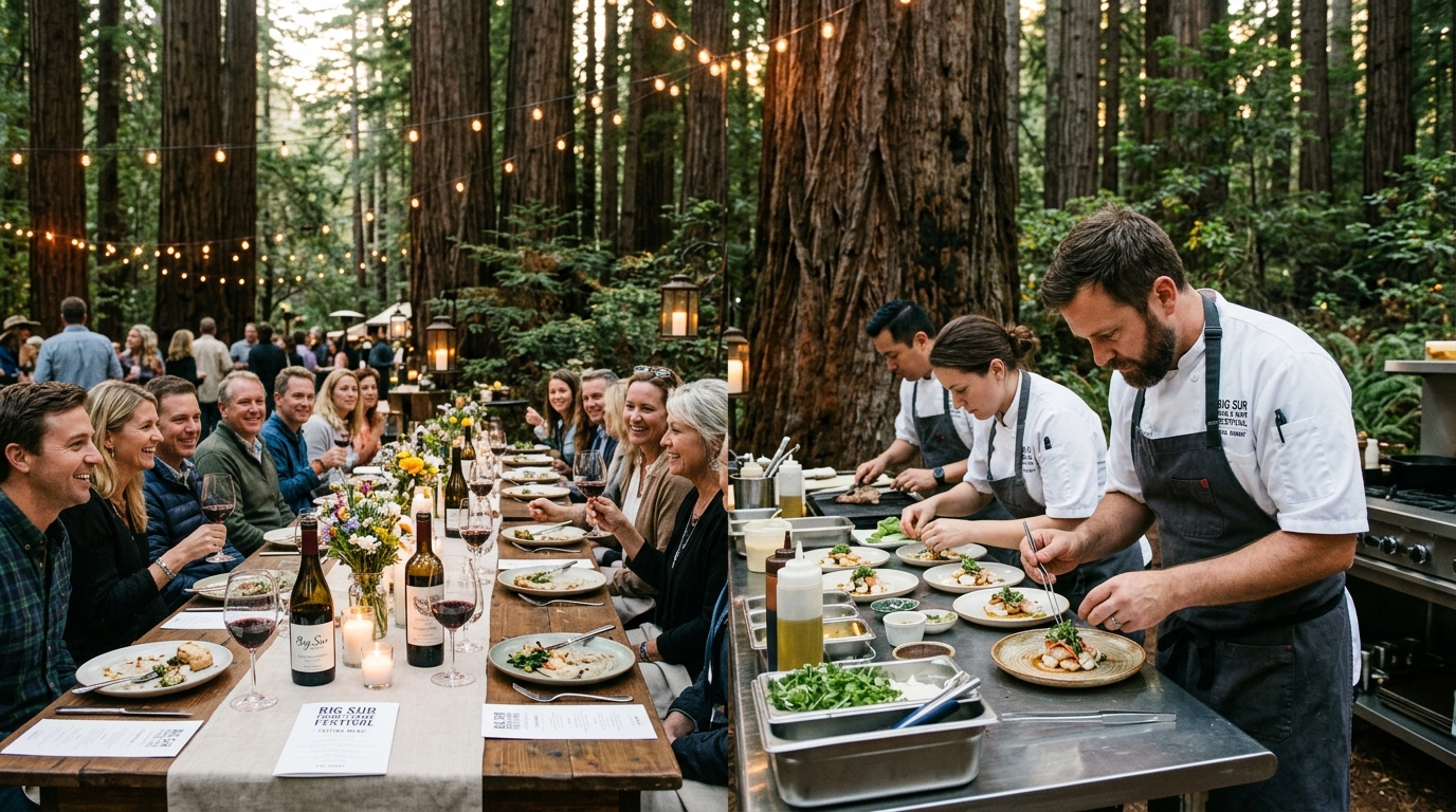 Chefs preparing a multi-course tasting menu at an outdoor table set among redwood trees at Big Sur Food and Wine Festival