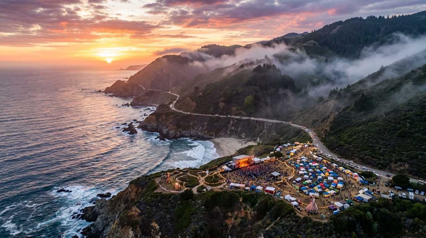 Aerial view of the Big Sur coastline with misty cliffs and the Pacific Ocean at sunset during festival season