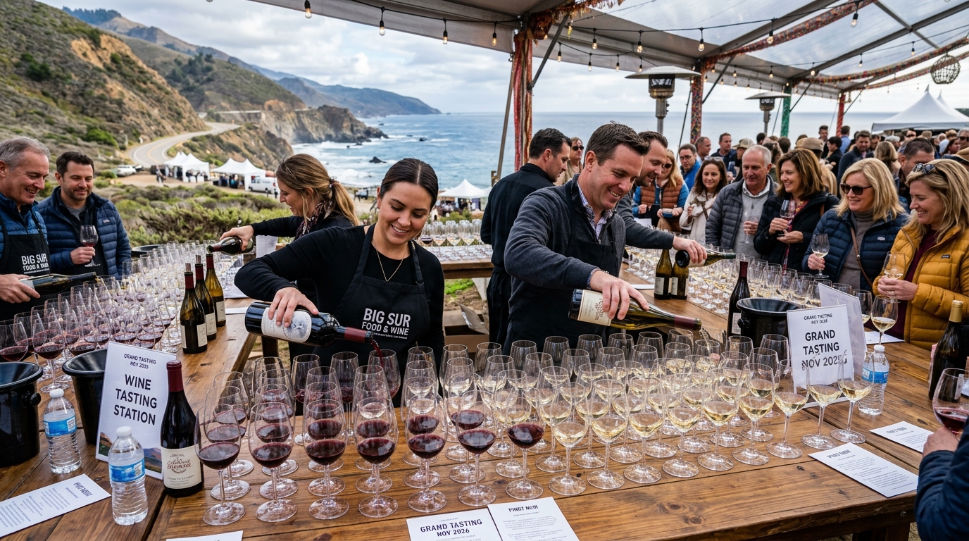 Rows of wine glasses being poured at the Big Sur Food and Wine Festival Grand Tasting event in November 2026