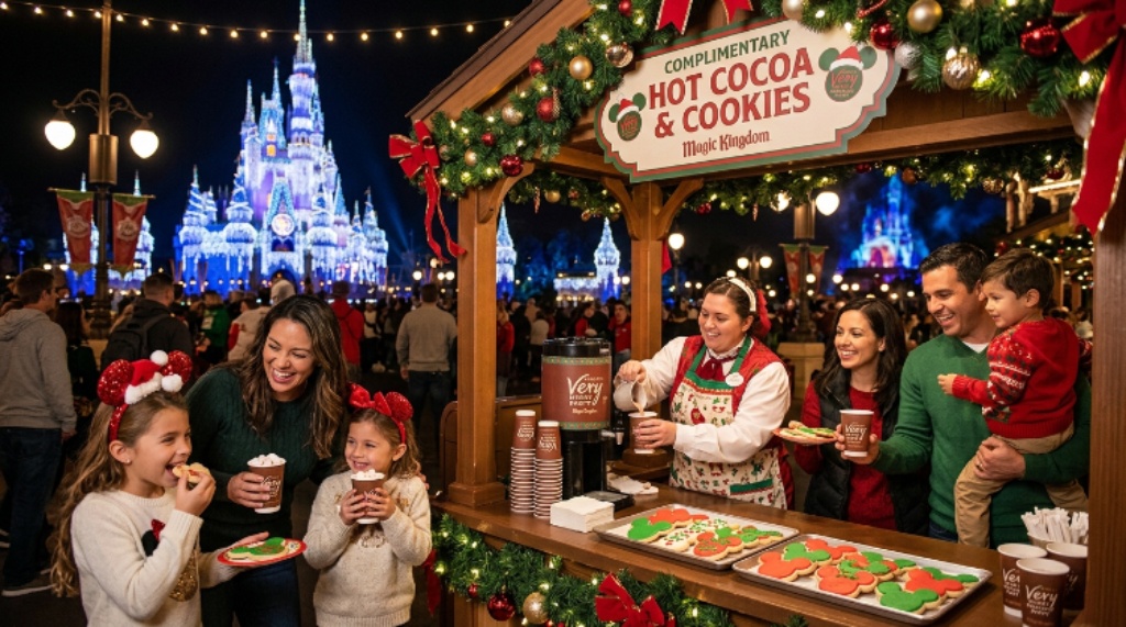 Families enjoying complimentary hot cocoa and holiday cookies at a treat station during Mickey's Very Merry Christmas Party at Walt Disney World