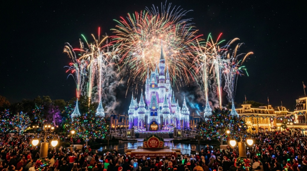 Holiday Wishes fireworks exploding over Cinderella Castle during Mickey's Very Merry Christmas Party 2026 on a clear December night