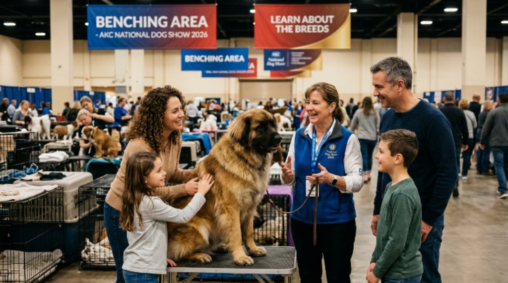 Family visiting the benching area at the National Dog Show 2026, petting and learning about AKC dog breeds up close