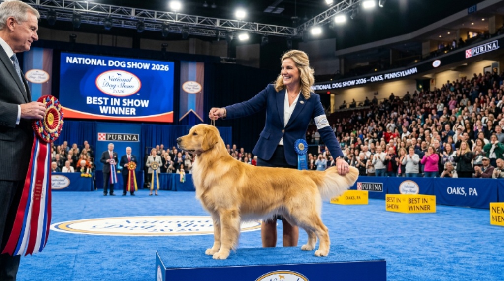 A handler presenting a champion dog in the Best in Show ring at the National Dog Show 2026 in Oaks, Pennsylvania