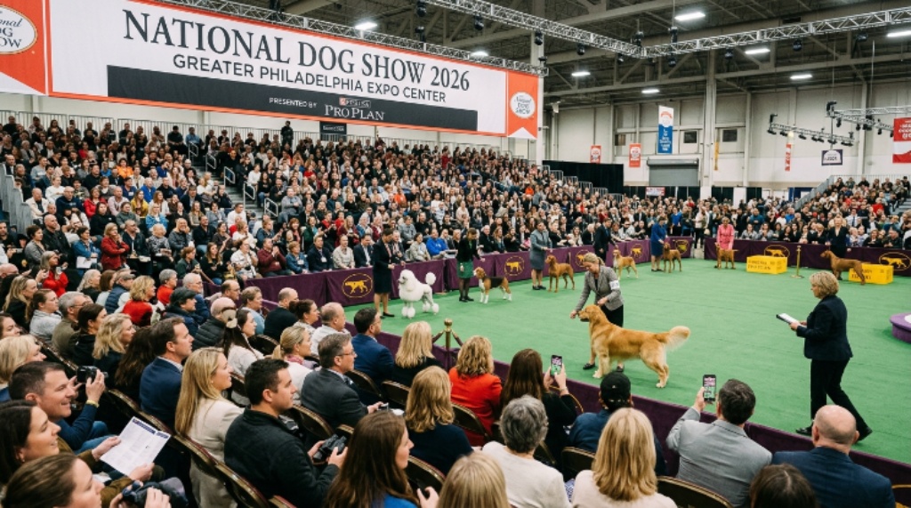 Crowds watching purebred dog breed judging at the National Dog Show 2026 inside the Greater Philadelphia Expo Center