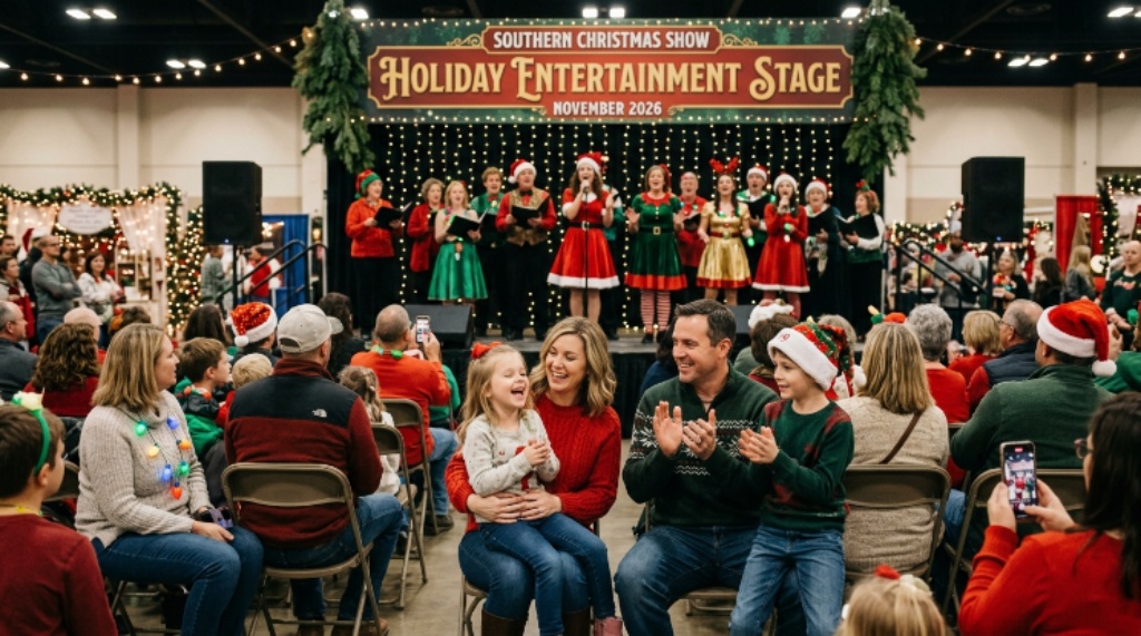 Families enjoying the holiday entertainment stage at the Southern Christmas Show November 2026