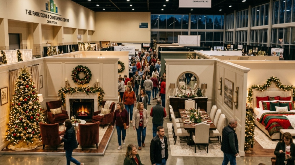 Festive decorated Designer Rooms display at The Park Expo and Conference Center Charlotte