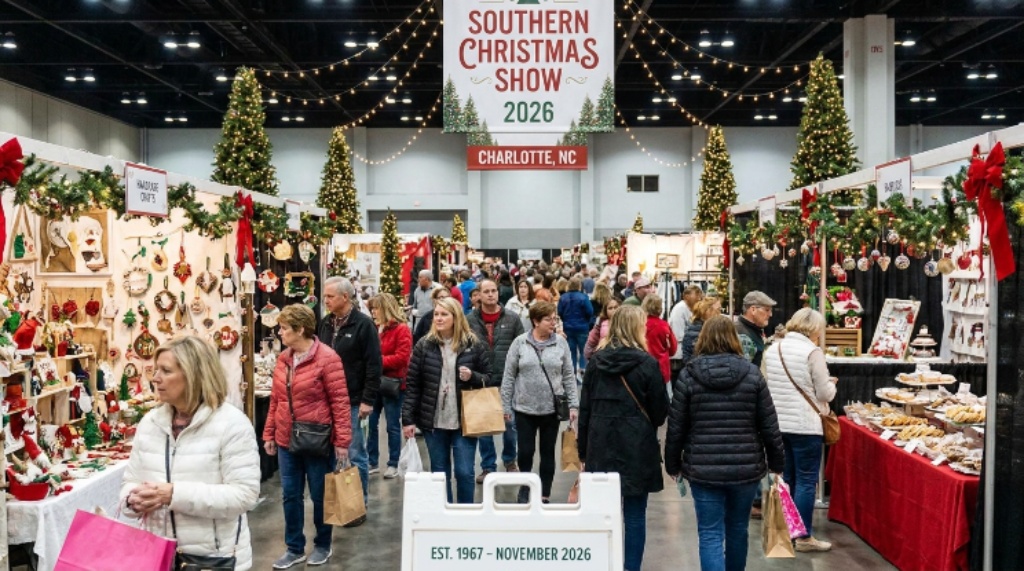 Shoppers browsing holiday vendor booths at the Southern Christmas Show 2026 in Charlotte NC