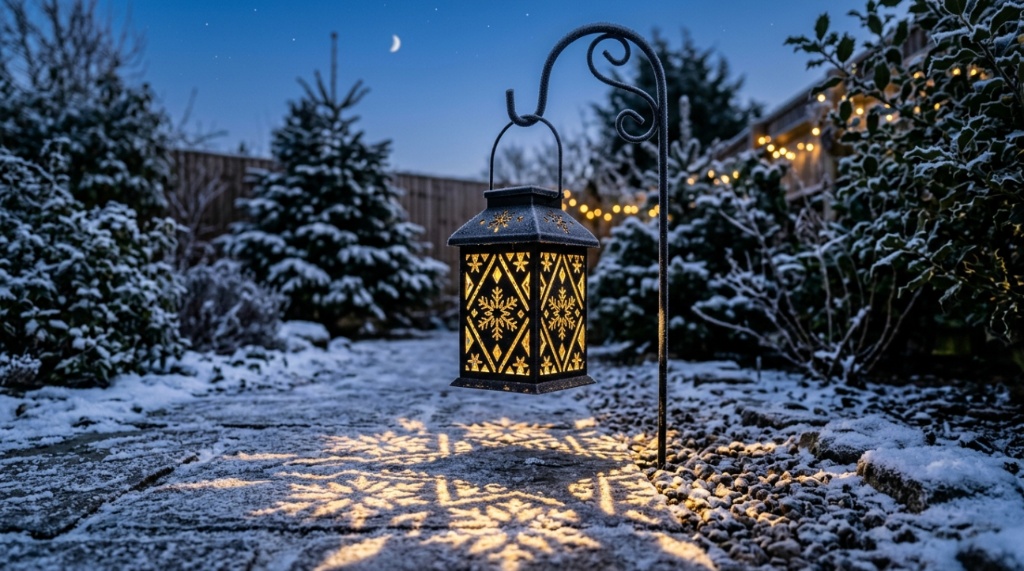 A decorative solar lantern illuminating a pathway during winter.