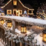 Glowing solar lanterns hanging on a snowy Canadian porch at night.