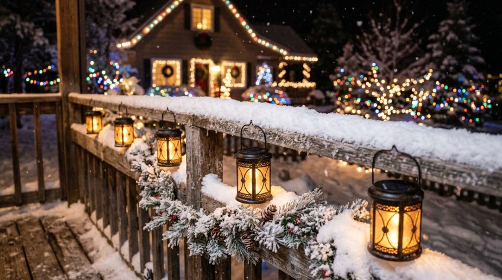 Glowing solar lanterns hanging on a snowy Canadian porch at night.
